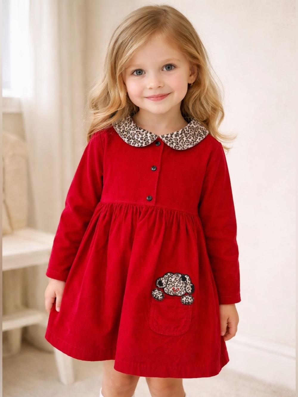 Vintange Red Corduroy Dress with Leopard Collar Accent